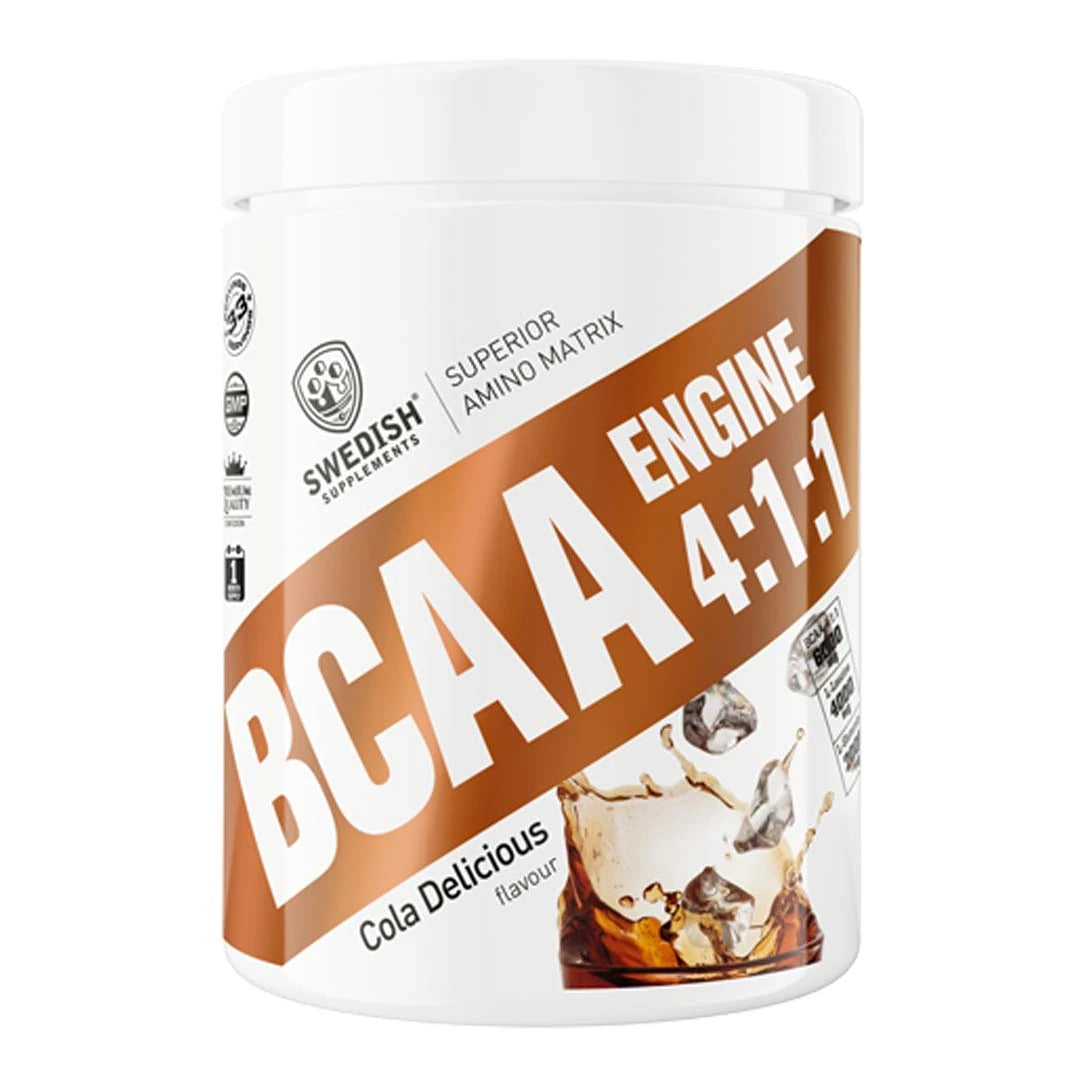 Swedish Supplements BCAA ENGINE 4:1:1 400 g aminosyrapulver i en vit burk med bruna detaljer och smaken Cola Delicious., bild 1 av 1