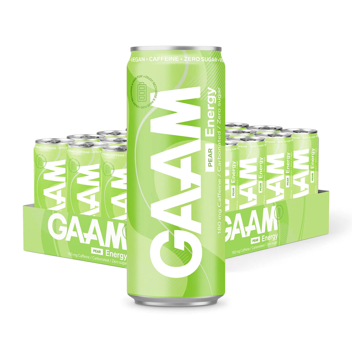 24 x GAAM Energy 330 ml Pear i ett ljusgrönt flak med matchande gröna burkar och vit text för päronsmak., bild 1 av 1