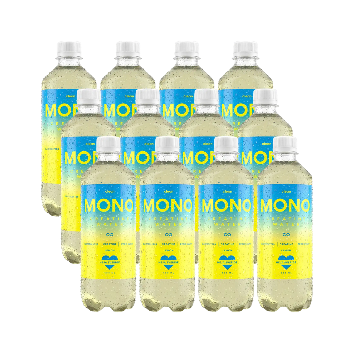 12 x Clean MONO Creatine Water 500 ml Lemon funktionsdryck i tolv genomskinliga flaskor med blå etikett och grå kork.