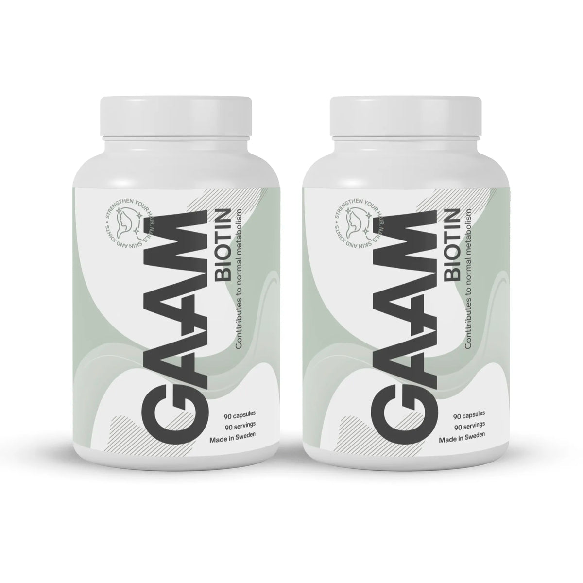 GAAM Biotin 180 caps i två vita burkar med ljusgröna och gråa detaljer på etiketterna., bild 1 av 1