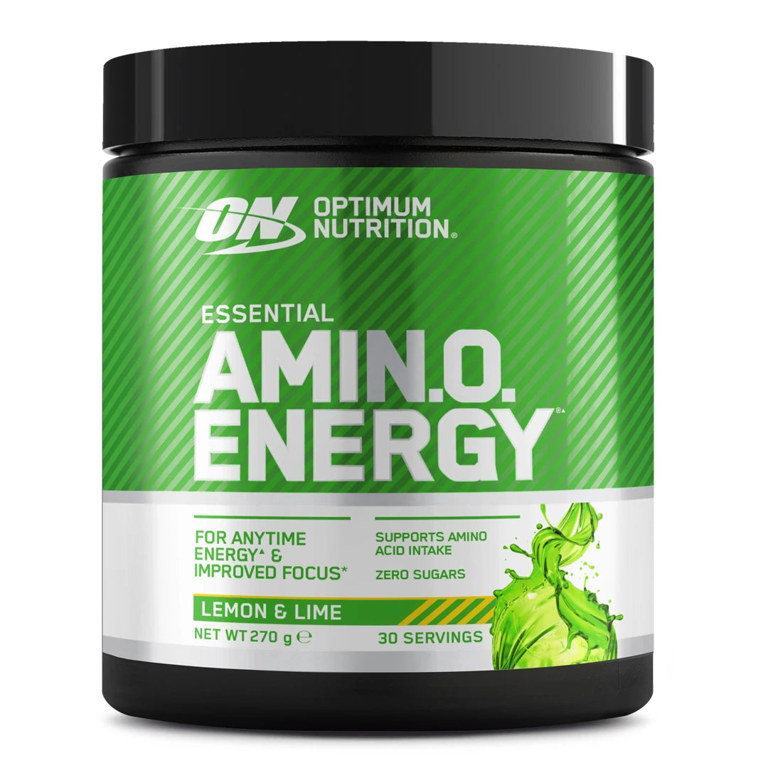 Optimum Nutrition Amino Energy 270 g aminosyrapulver i en svart burk med grön etikett för smaken Lemon Lime.