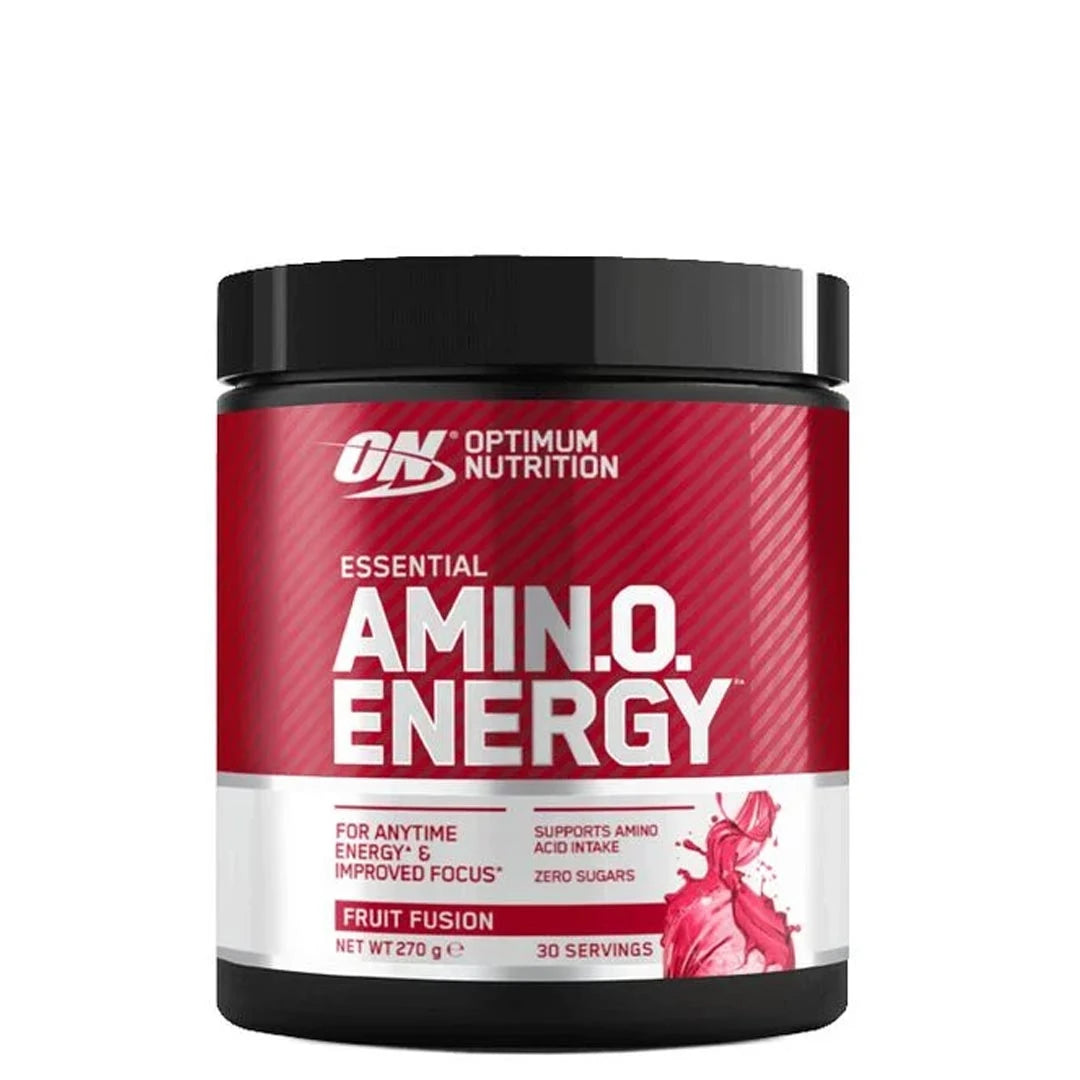 Optimum Nutrition Amino Energy 270 g aminosyrapulver i en svart burk med röd etikett för smaken Fruit Fusion., bild 3 av 5