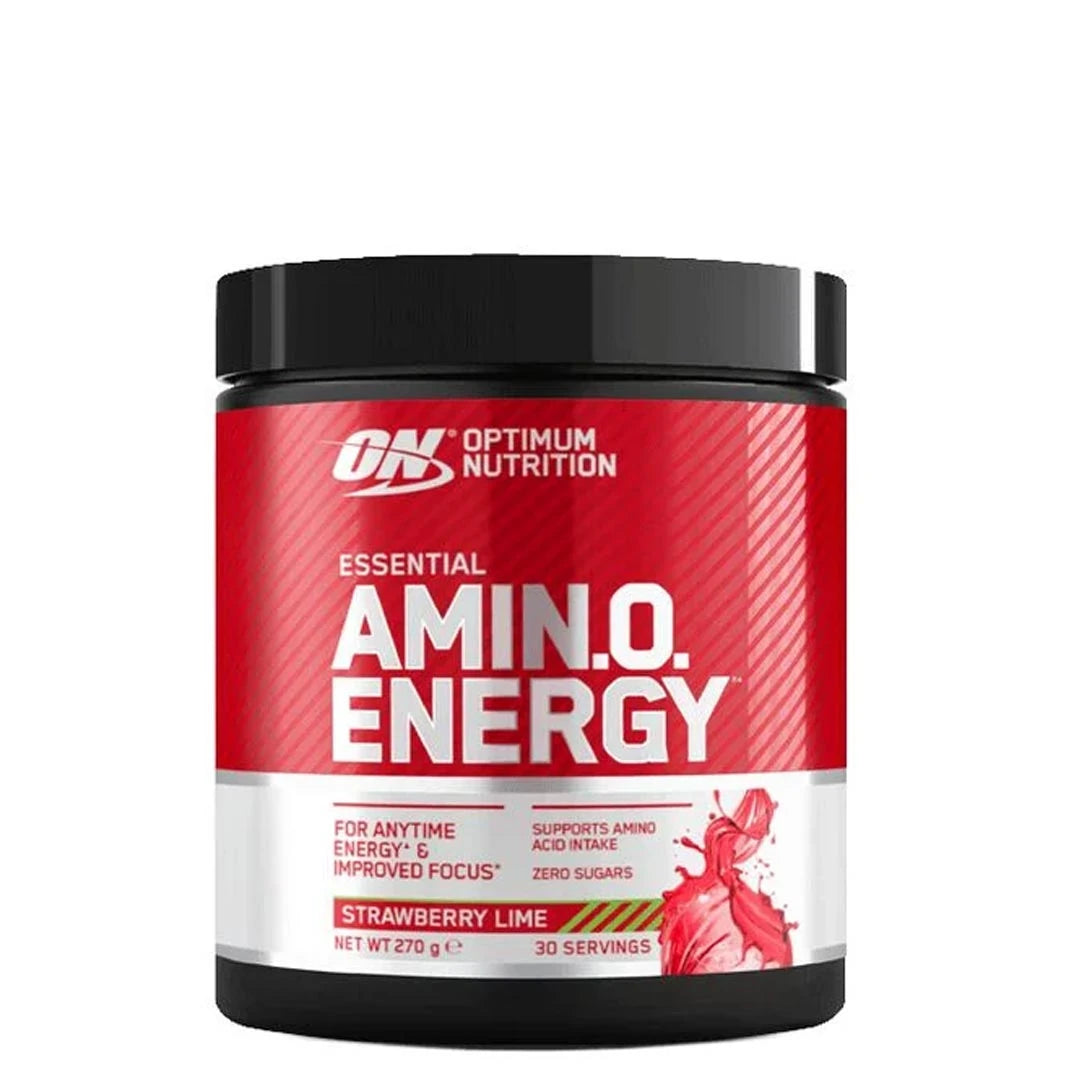 Optimum Nutrition Amino Energy 270 g aminosyrapulver i en svart burk med röd etikett i smaken Strawberry Lime., bild 4 av 5