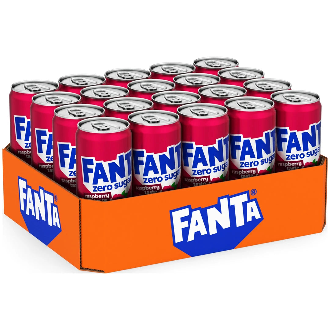 20 x Fanta Raspberry Zero 330 ml sockerfri läsk i rosa burkar samlade i ett orange flak från Coca Cola., bild 1 av 1