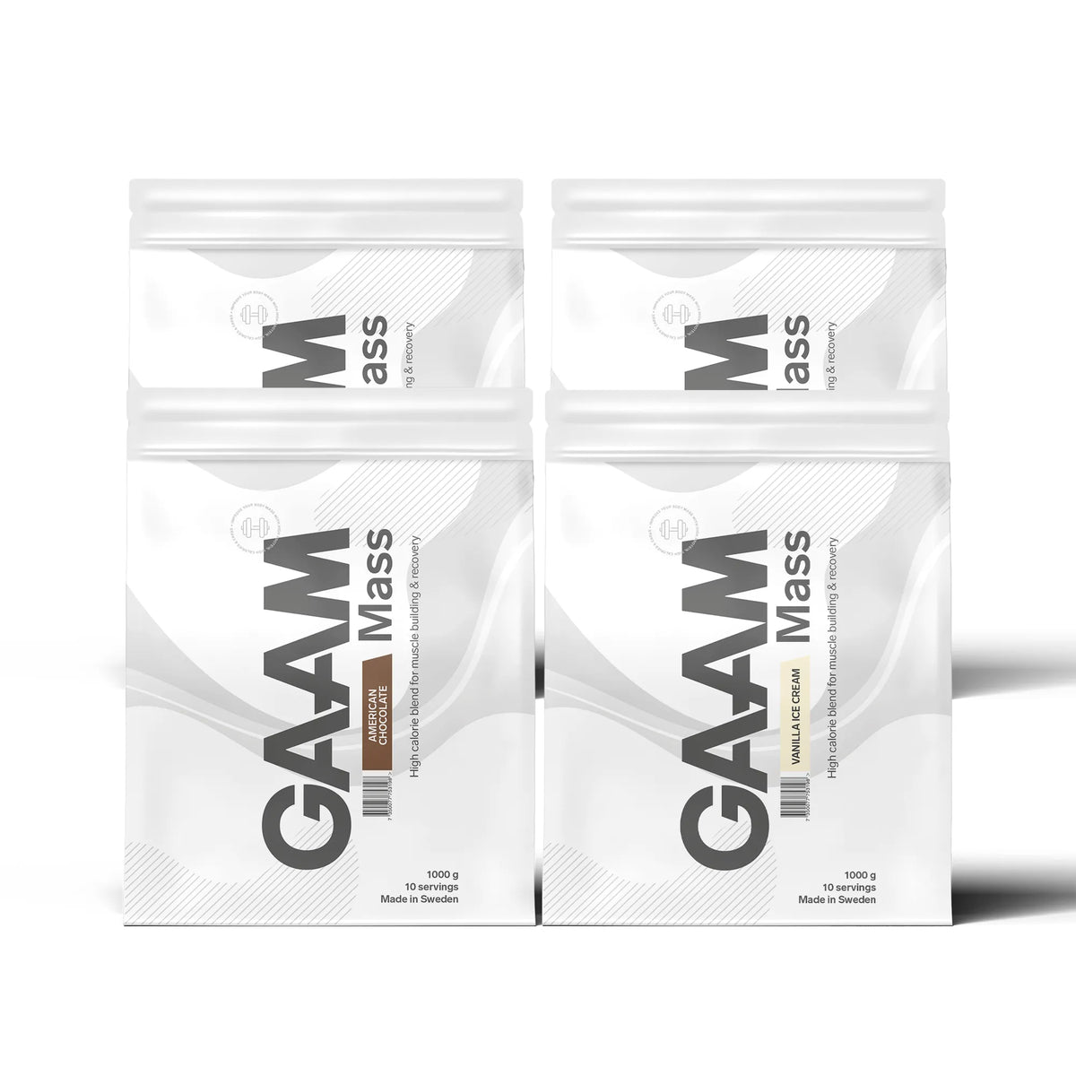 4 x GAAM 100% MASS Premium 1 kg gainer i vita påsar med svarta detaljer för flera olika smaker., bild 1 av 1