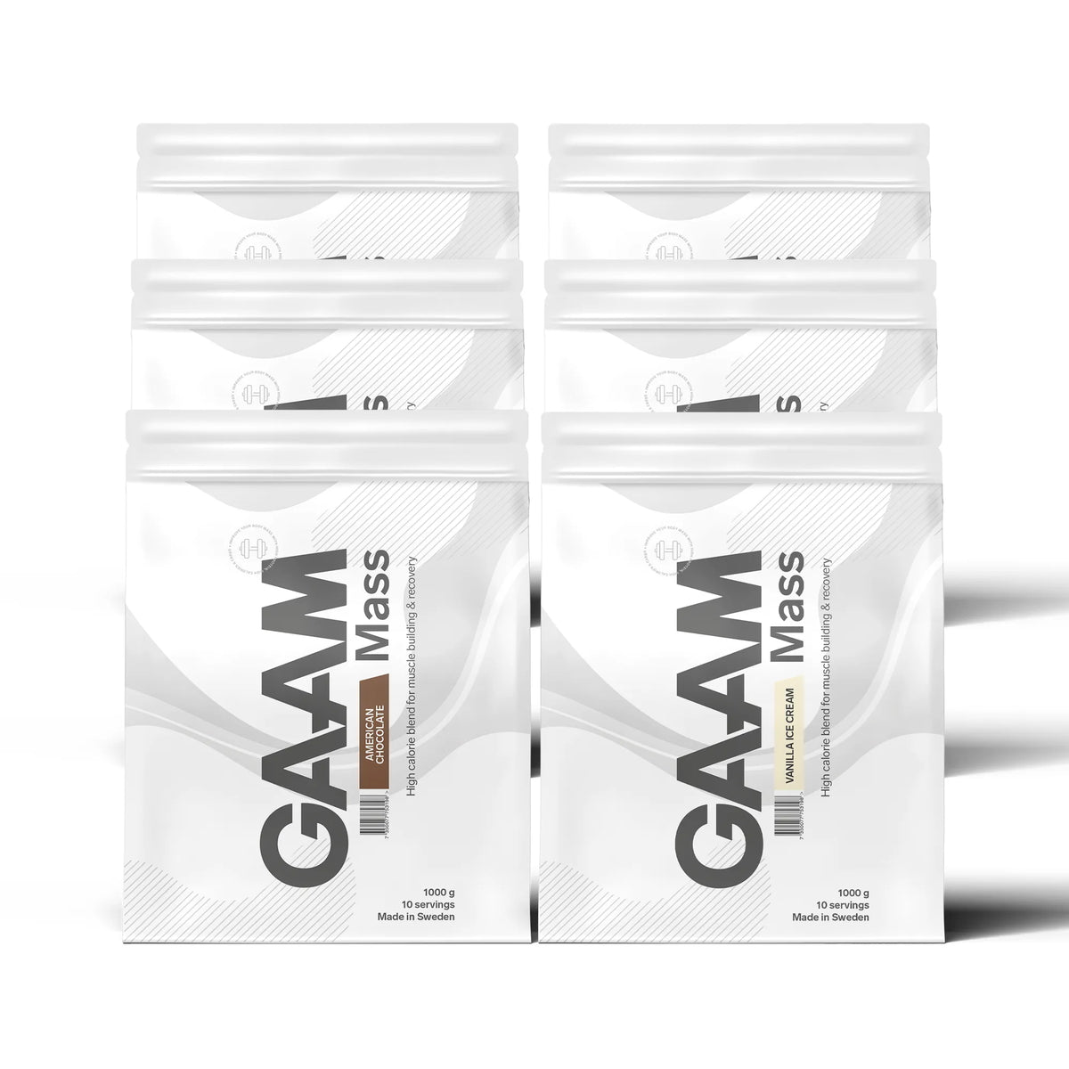 6 x GAAM 100% MASS Premium 1 kg gainer i sex vita påsar med grå detaljer för olika smaker., bild 1 av 1