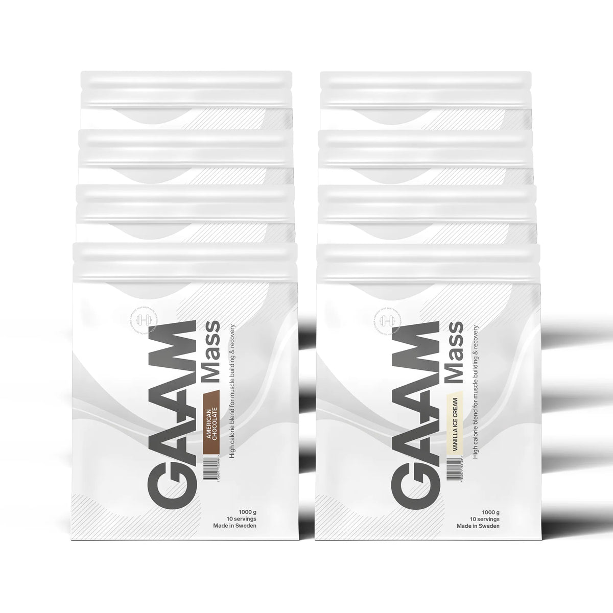8 x GAAM 100% MASS Premium 1 kg gainer i åtta vita påsar med smakerna American Chocolate och Vanilla Ice Cream., bild 1 av 1