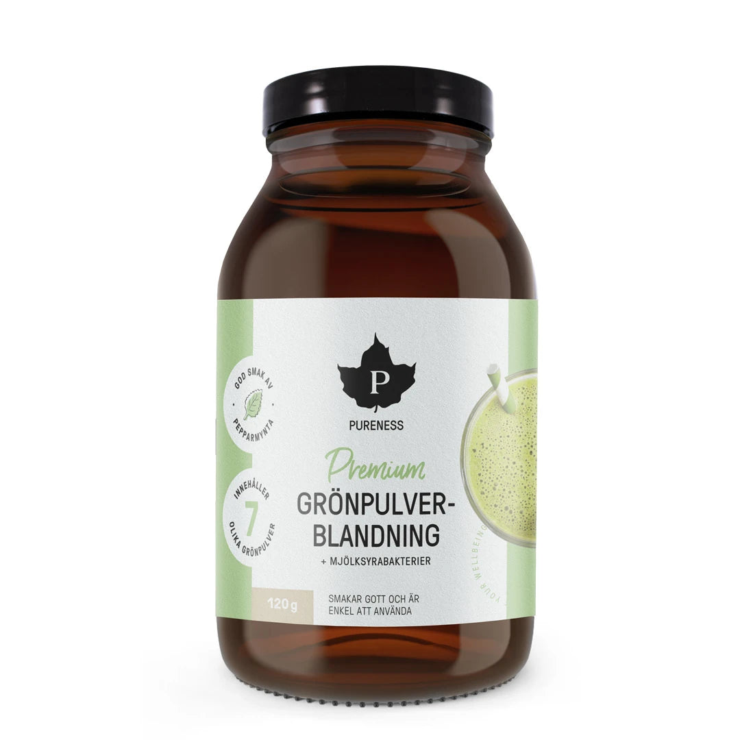 Pureness Grönpulverblandning + Mjölksyrabakterier 120 g i en mörk glasburk med grön och vit etikett., bild 1 av 1