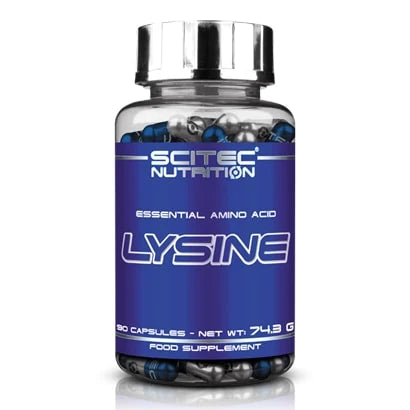 Scitec Nutrition Lysine 90 caps i en transparent burk med blå etikett, silverlock och blå-silvriga kapslar., bild 1 av 1