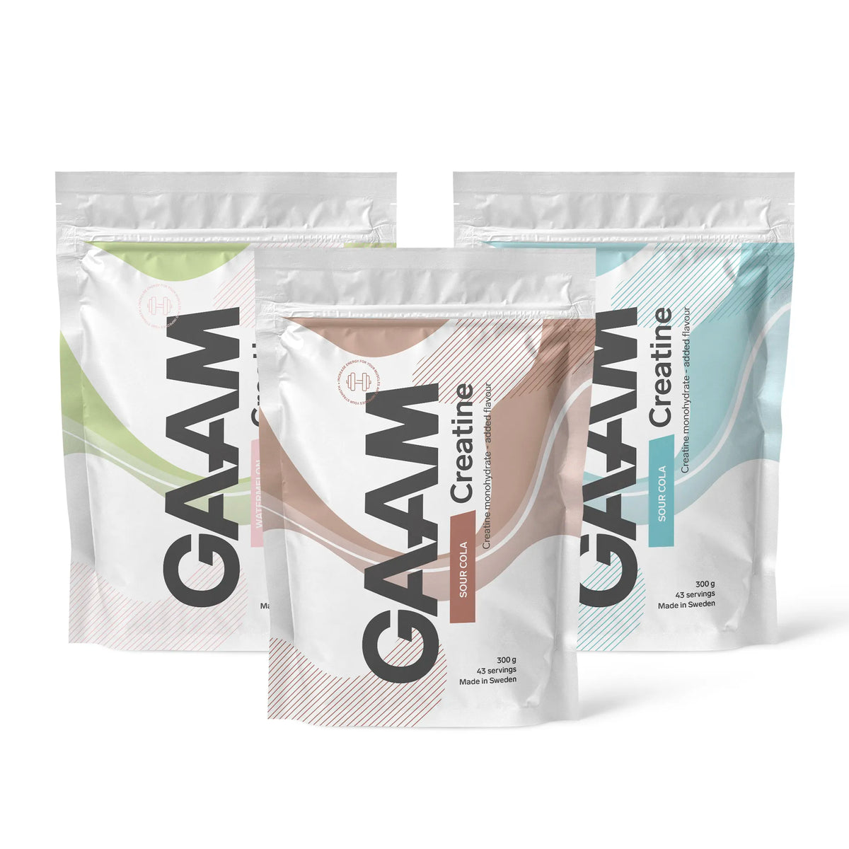 3 x GAAM Creatine 300 g i tre vita ståpåsar med bruna, gröna och blåa detaljer för olika smaker., bild 1 av 1