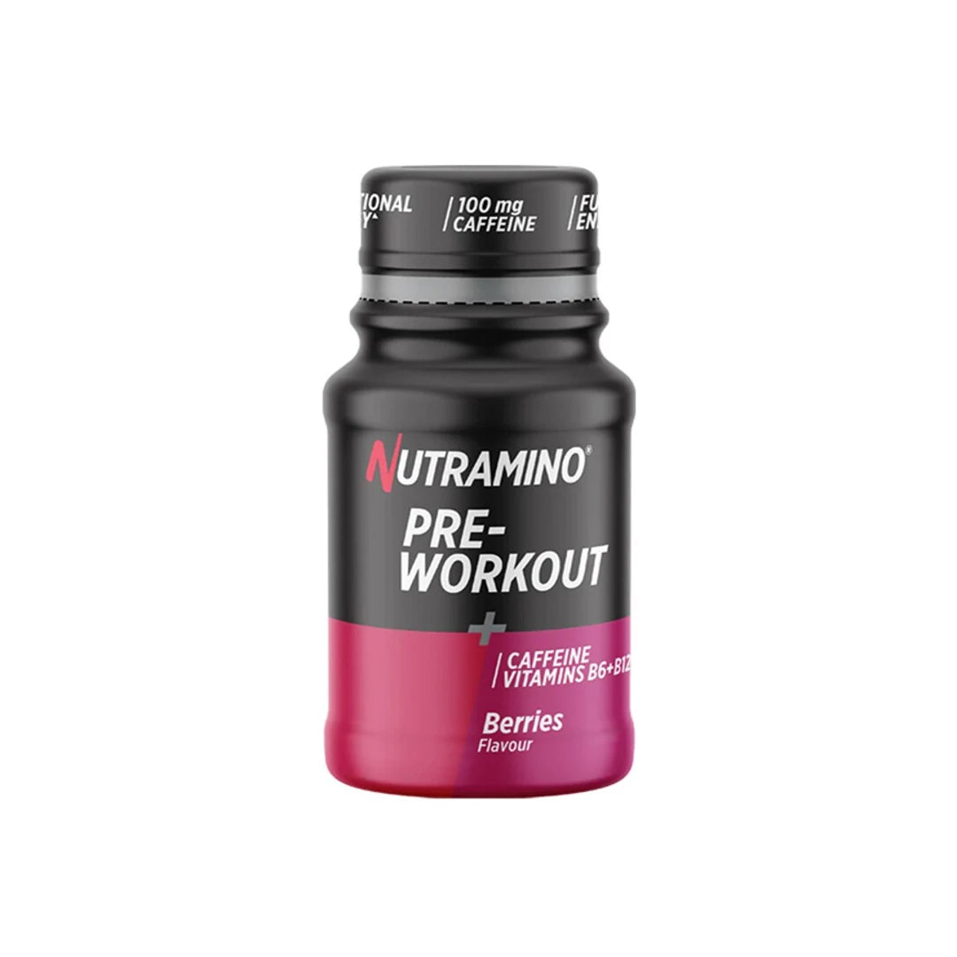 Nutramino +Pro Pre-Workout Shot i en liten svart och rosa flaska för smaken Berries.