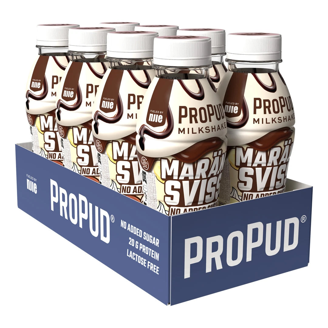 8 x NJIE ProPud Protein Milkshake 330 ml Marängsviss i en blå förpackning med vita flaskor dekorerade med chokladsås., bild 1 av 1