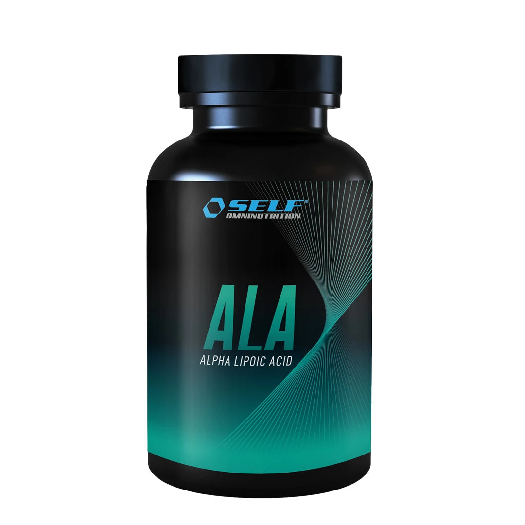 Self Omninutrition ALA 90 caps förpackad i en svart burk med mörk etikett och turkosa detaljer., bild 1 av 1