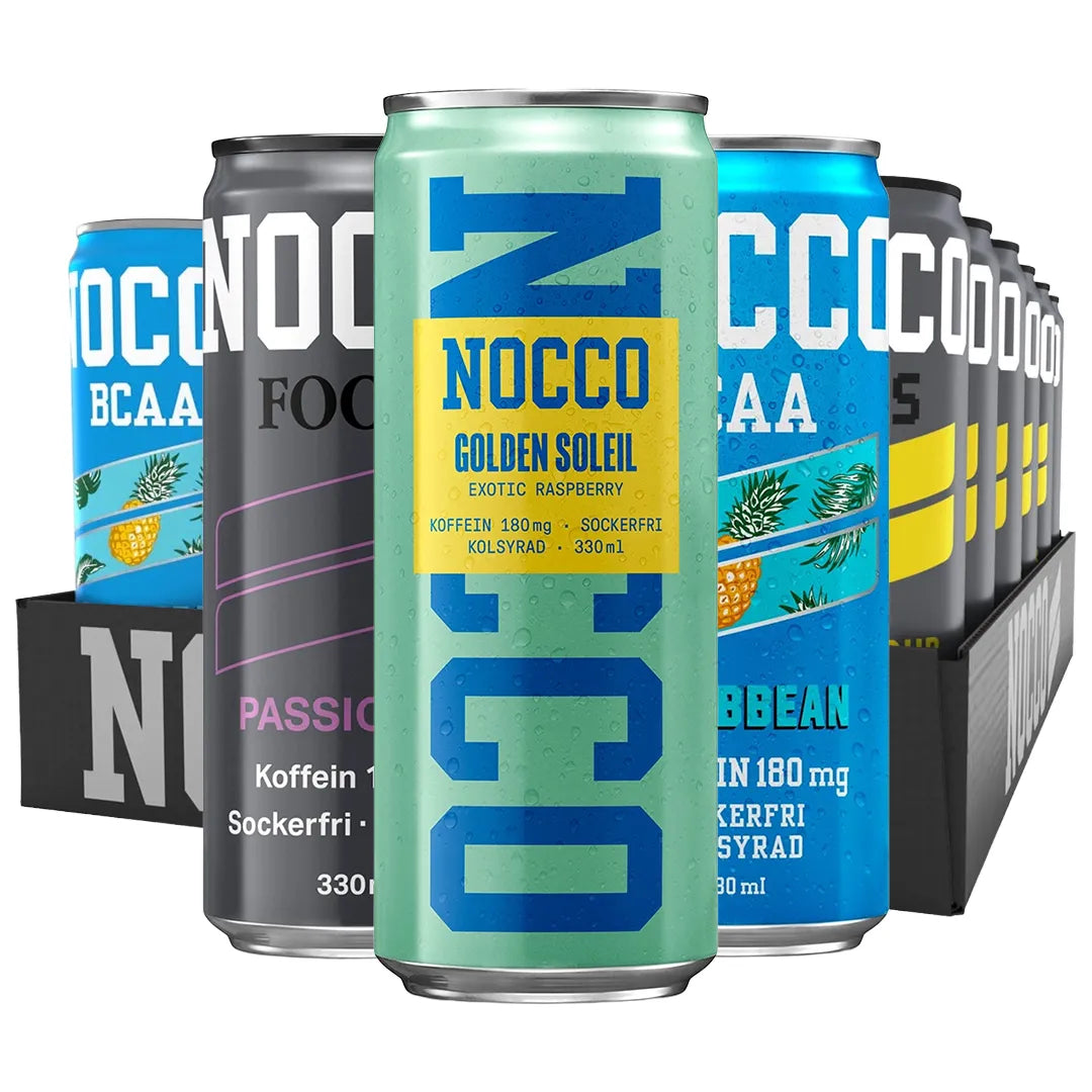24 x NOCCO BCAA / BCAA+ / FOCUS 330 ml / NOCCO FLAK Mixflak med färgglada aluminiumburkar i ett svart kartongflak., bild 1 av 1
