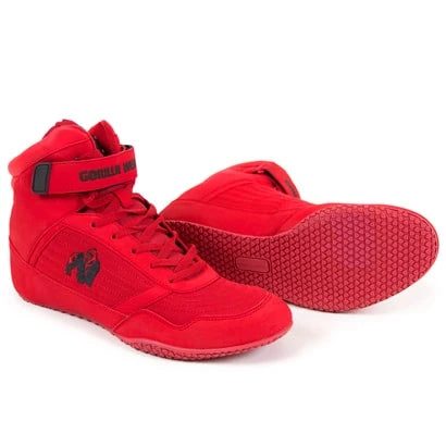Gorilla Wear High Tops red lyftarskor i rött med högt skaft, kardborrespänne och en mönstrad platt sula., bild 7 av 12