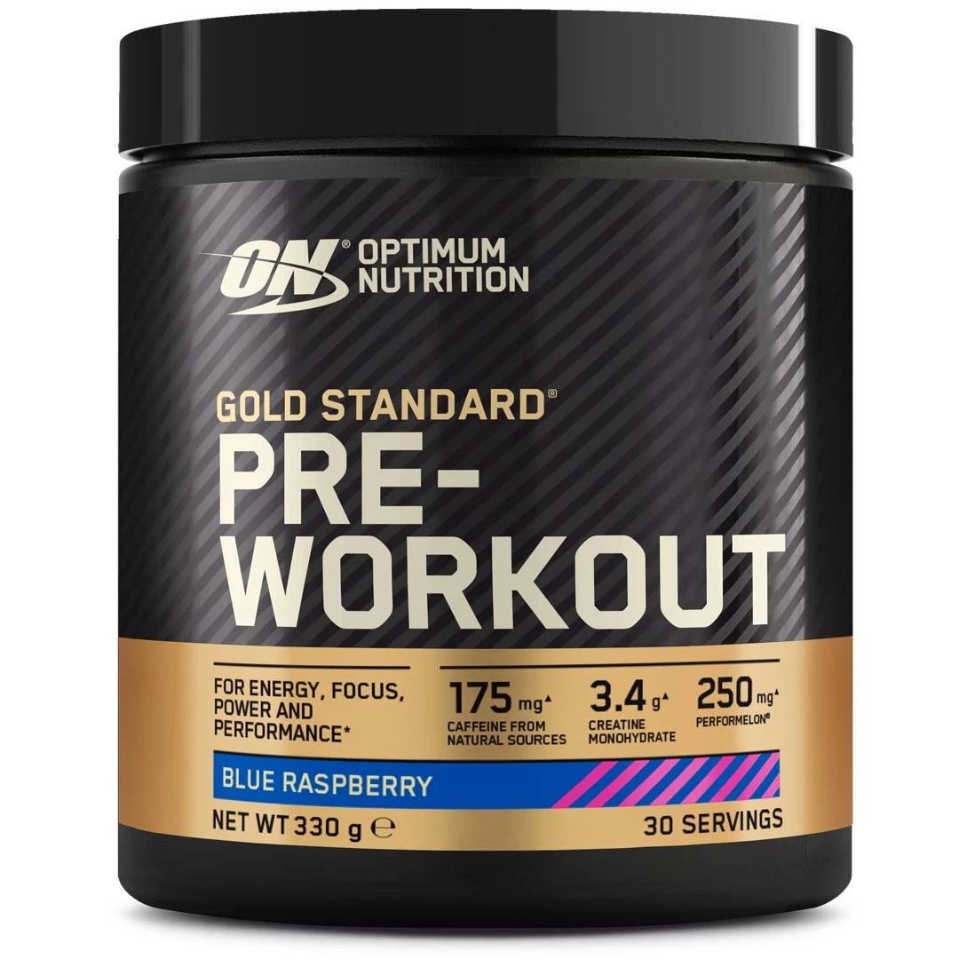 Svart burk med Optimum Nutrition Gold Standard Pre-workout prestationshöjare, 330 g pulver med smaken Blue Raspberry., bild 1 av 1