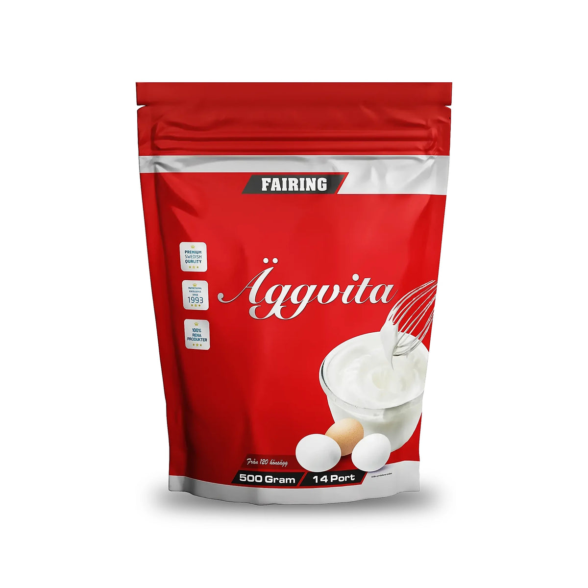 Fairing Äggvita 500 g proteinpulver i en vit burk med röd etikett som visar vispad äggvita och ägg.
