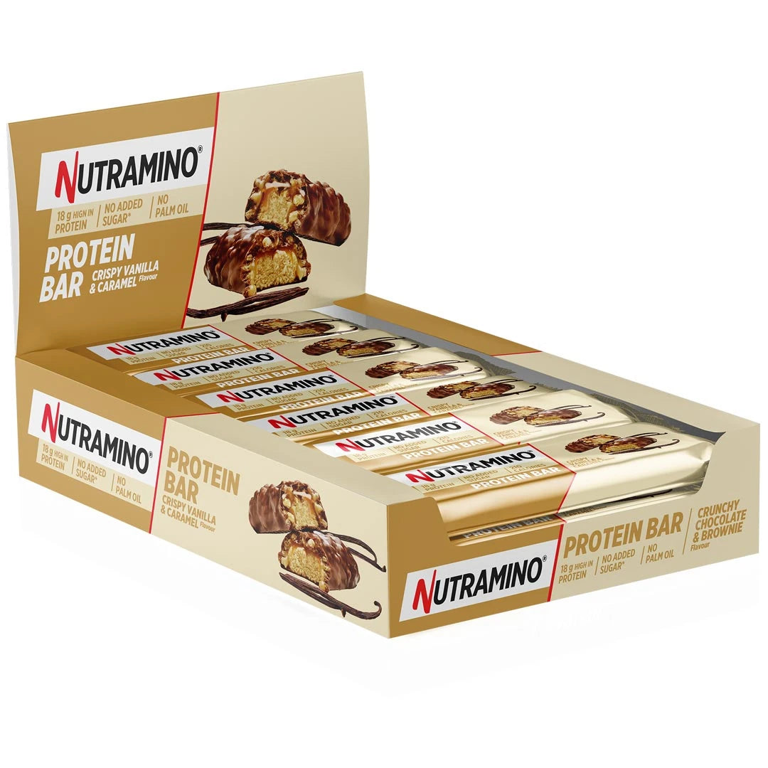 12 x Nutramino Protein Bar 55 g Crispy Vanilla and Caramel i en beigefärgad förpackning., bild 1 av 1