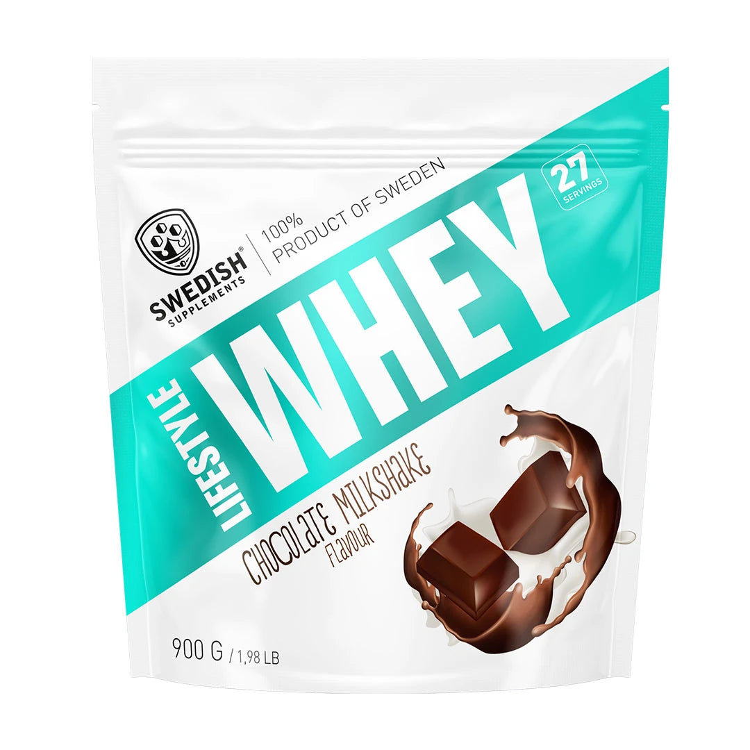 Swedish Supplements Lifestyle Whey 900 g proteinpulver i en vit påse med turkosa detaljer och chokladillustration för smaken Chocolate Milkshake., bild 2 av 7