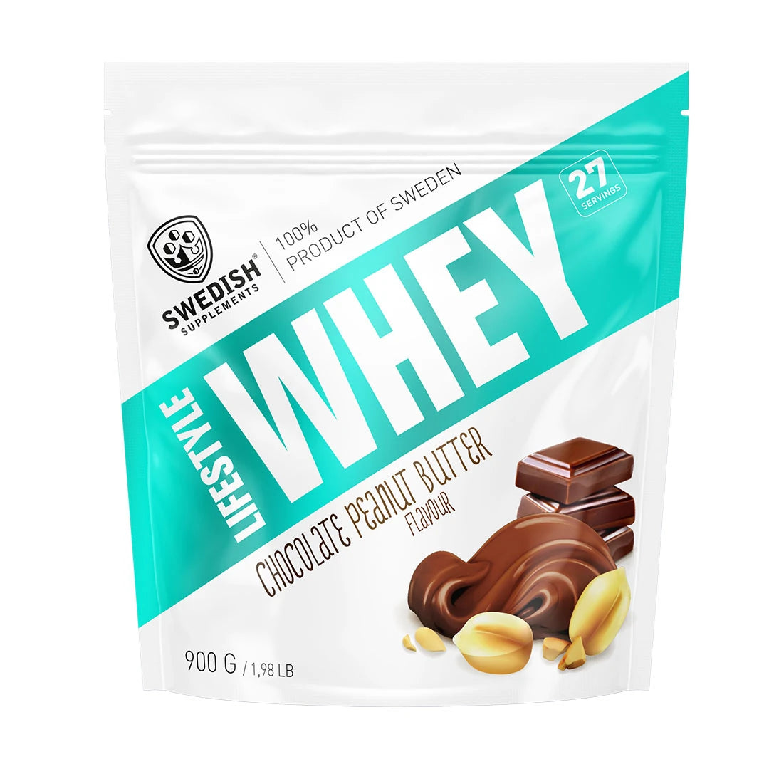 Swedish Supplements Lifestyle Whey 900 g proteinpulver i en vit påse med turkosa detaljer för smaken Chocolate Peanut Butter., bild 3 av 7