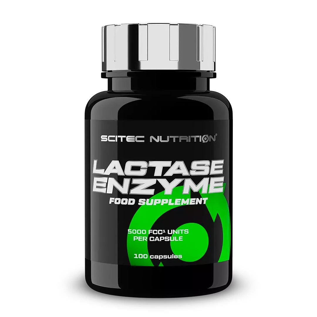 Scitec Nutrition Lactase Enzyme 100 caps i en svart burk med silvrigt lock och gröna detaljer på etiketten., bild 1 av 1