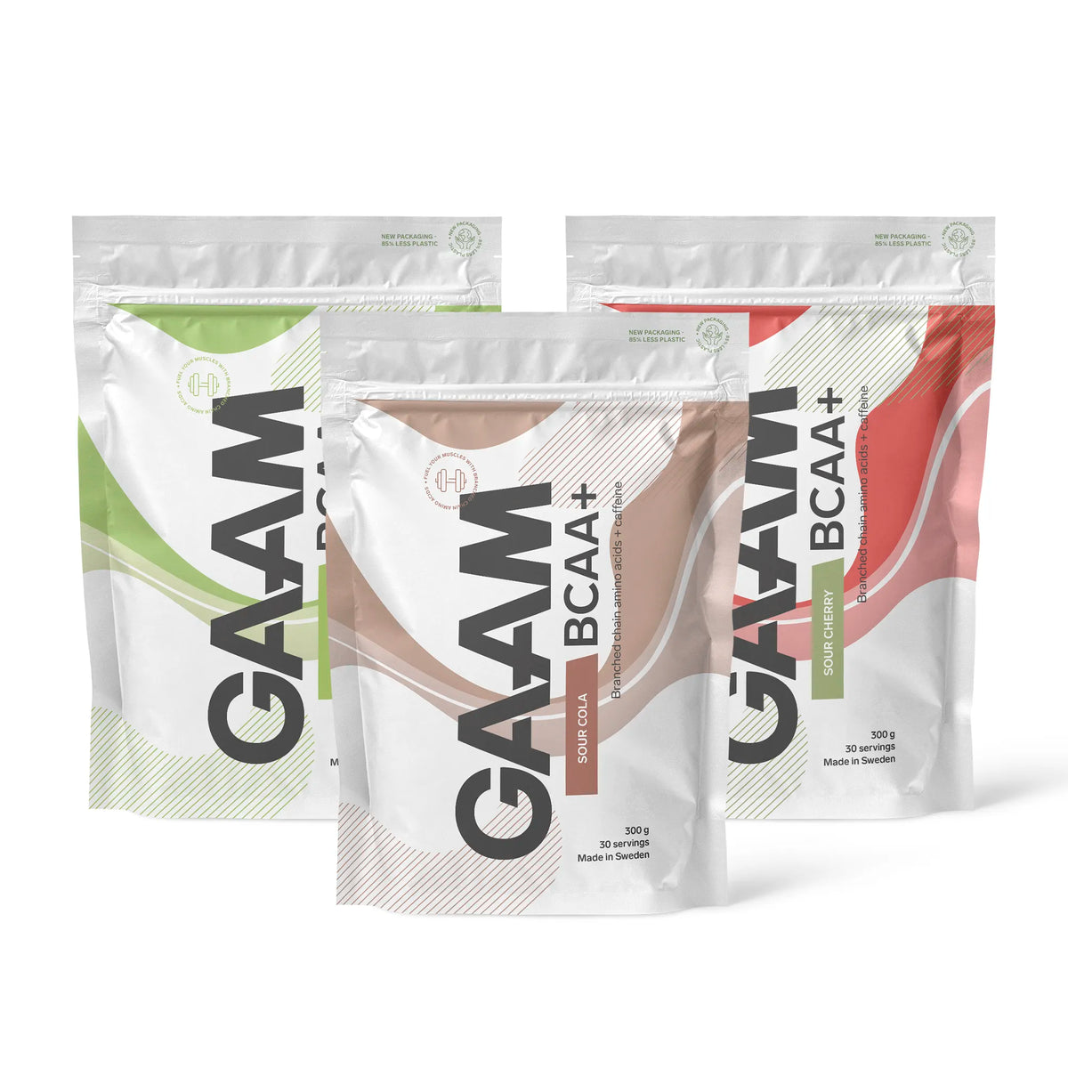 3 x GAAM BCAA + Caffeine 300 g aminosyror i tre vita påsar med färgade mönster för olika smaker., bild 1 av 1