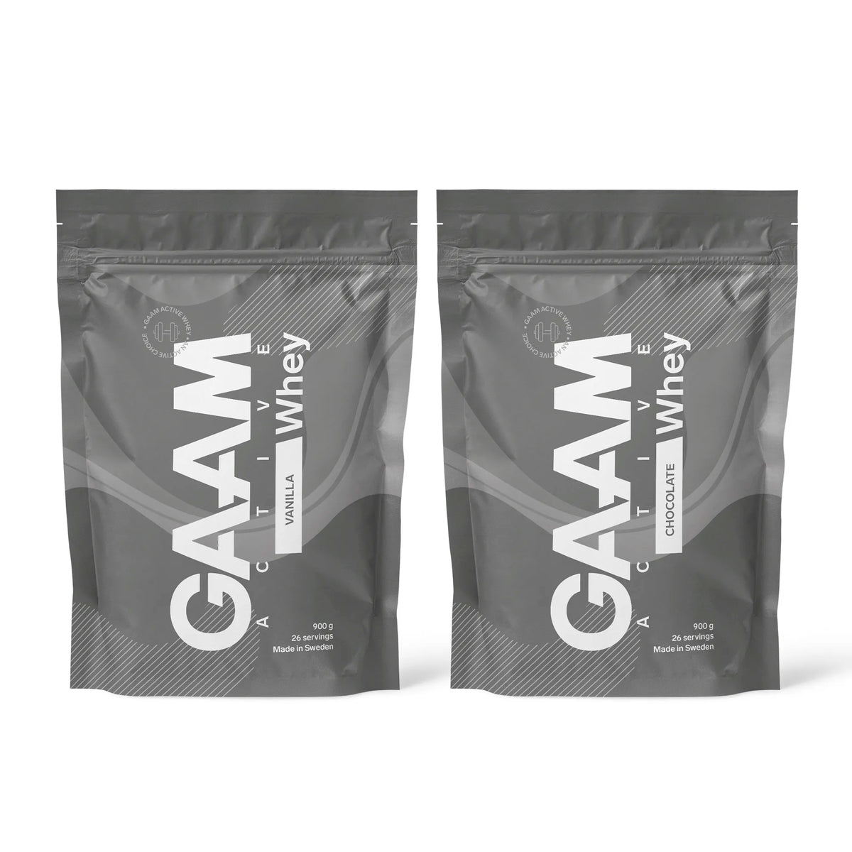 2 x GAAM Active Whey Proteinpulver 900 g i två gråa påsar med vit text för smakerna Vanilla och Chocolate., bild 1 av 1