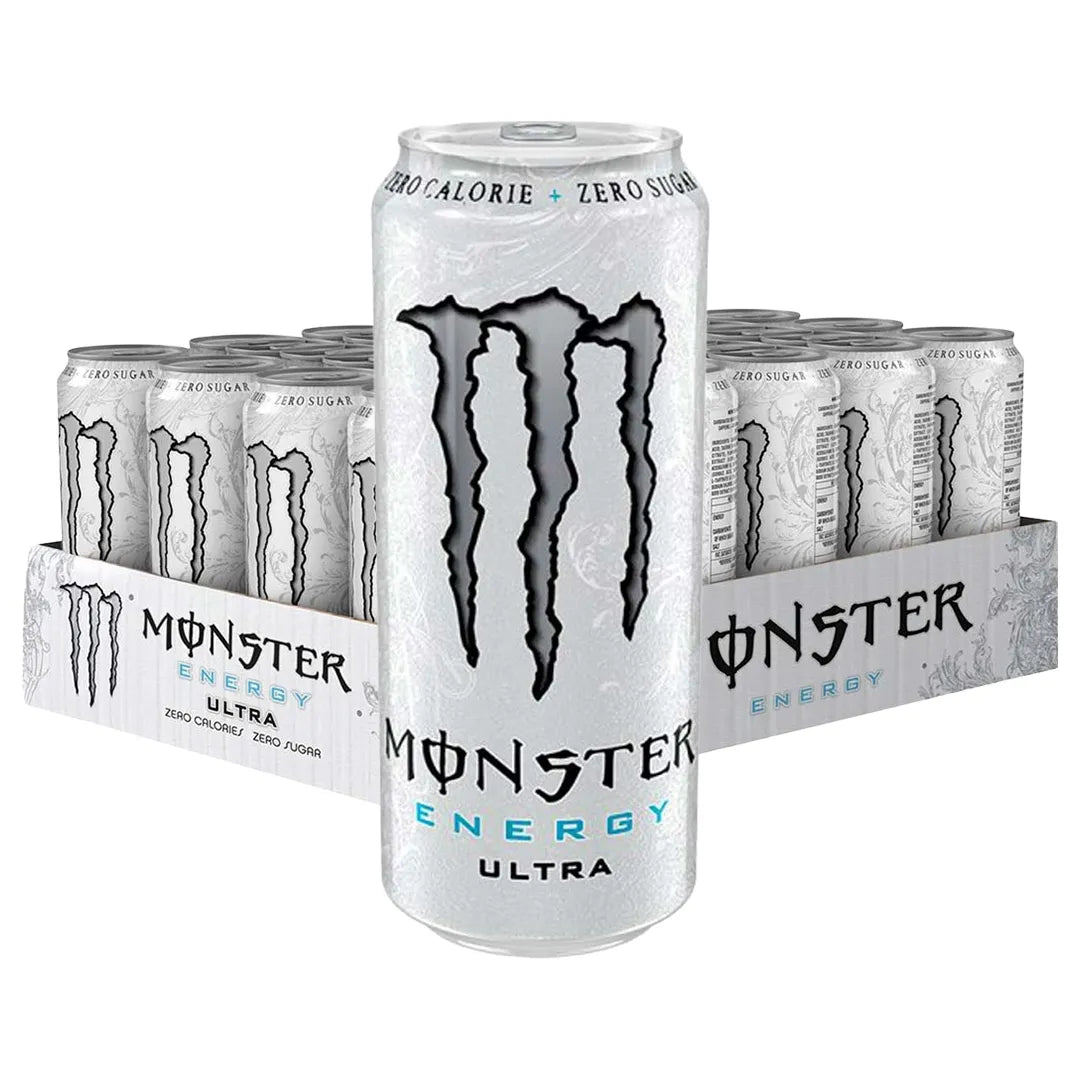 24 x Monster Energy 500 ml Ultra White (sockerfri) i ett grått flak med vita burkar med det ikoniska svarta m-märket., bild 1 av 1