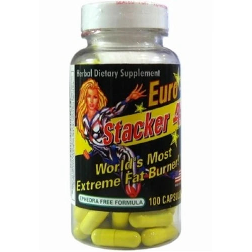 Stacker2 Stacker 4 100 caps fettförbrännare i en genomskinlig plastburk med svart etikett och synliga gula kapslar., bild 1 av 1