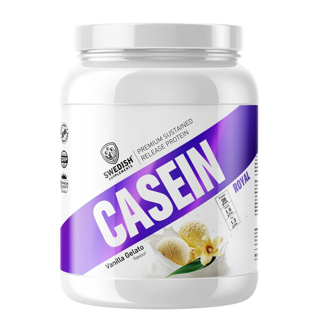 Swedish Supplements Slow Casein 900 g kaseinprotein i en vit burk med lila detaljer för smaken Vanilla Gelato Cream., bild 2 av 3