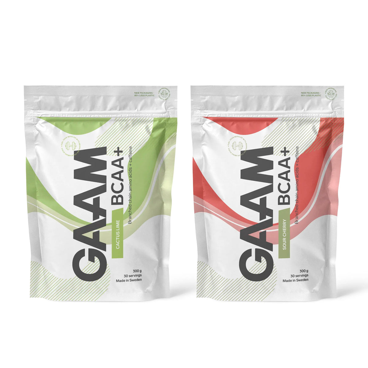 2 x GAAM BCAA + Caffeine 300 g i två vita påsar med gröna och röda detaljer för smakerna Cactus Lime och Sour Cherry., bild 1 av 1