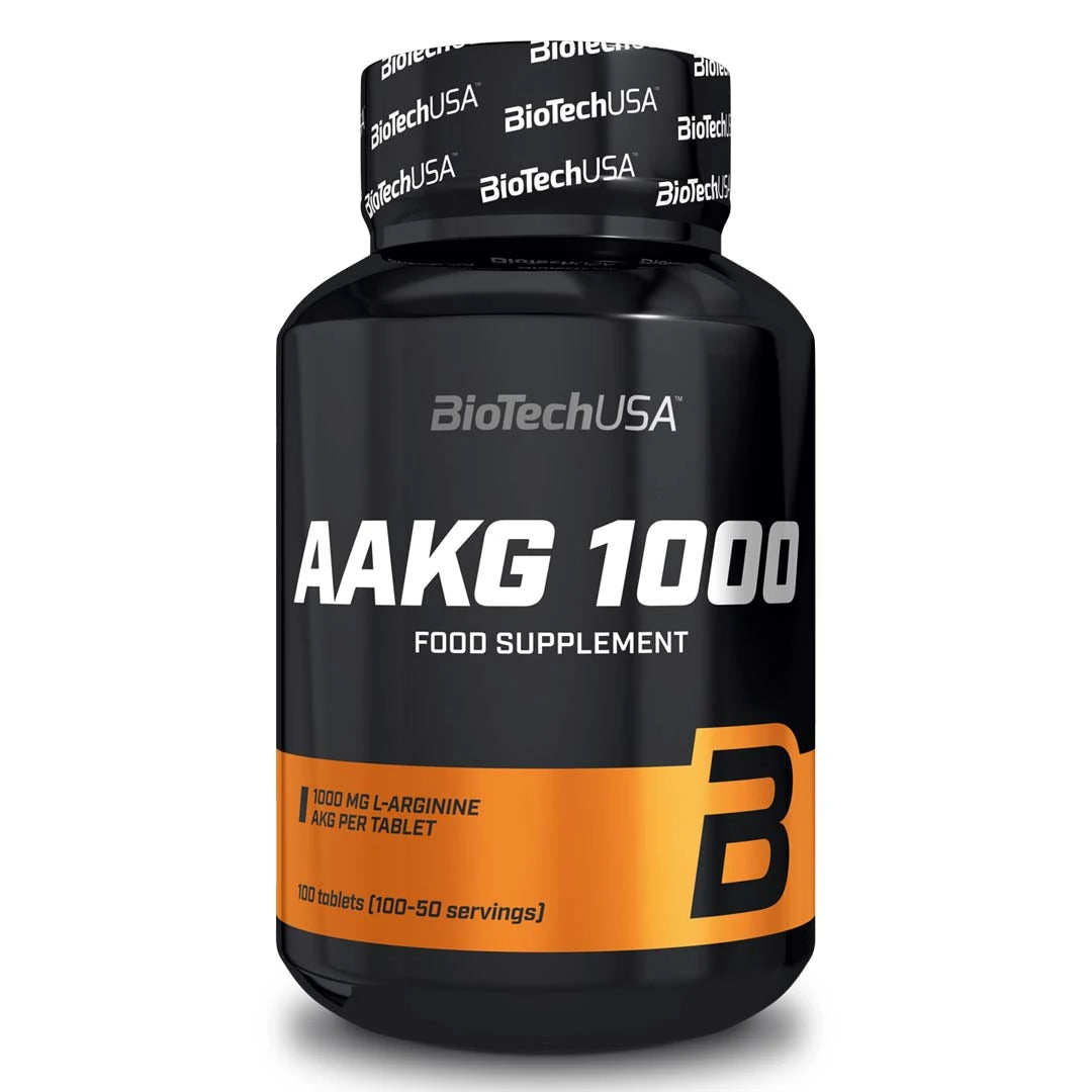 BioTechUSA AAKG 1000 100 tabs kosttillskott i en svart burk med orange detaljer och vit text., bild 1 av 1
