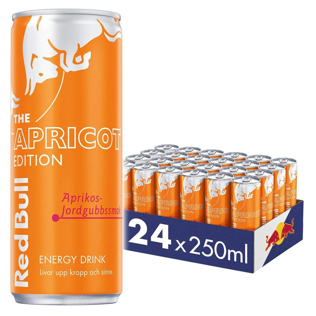 24 x Red Bull Energidryck 250 ml Apricot Edition - Aprikos Jordgubb i ett mörkblått flak med orangefärgade burkar., bild 1 av 1
