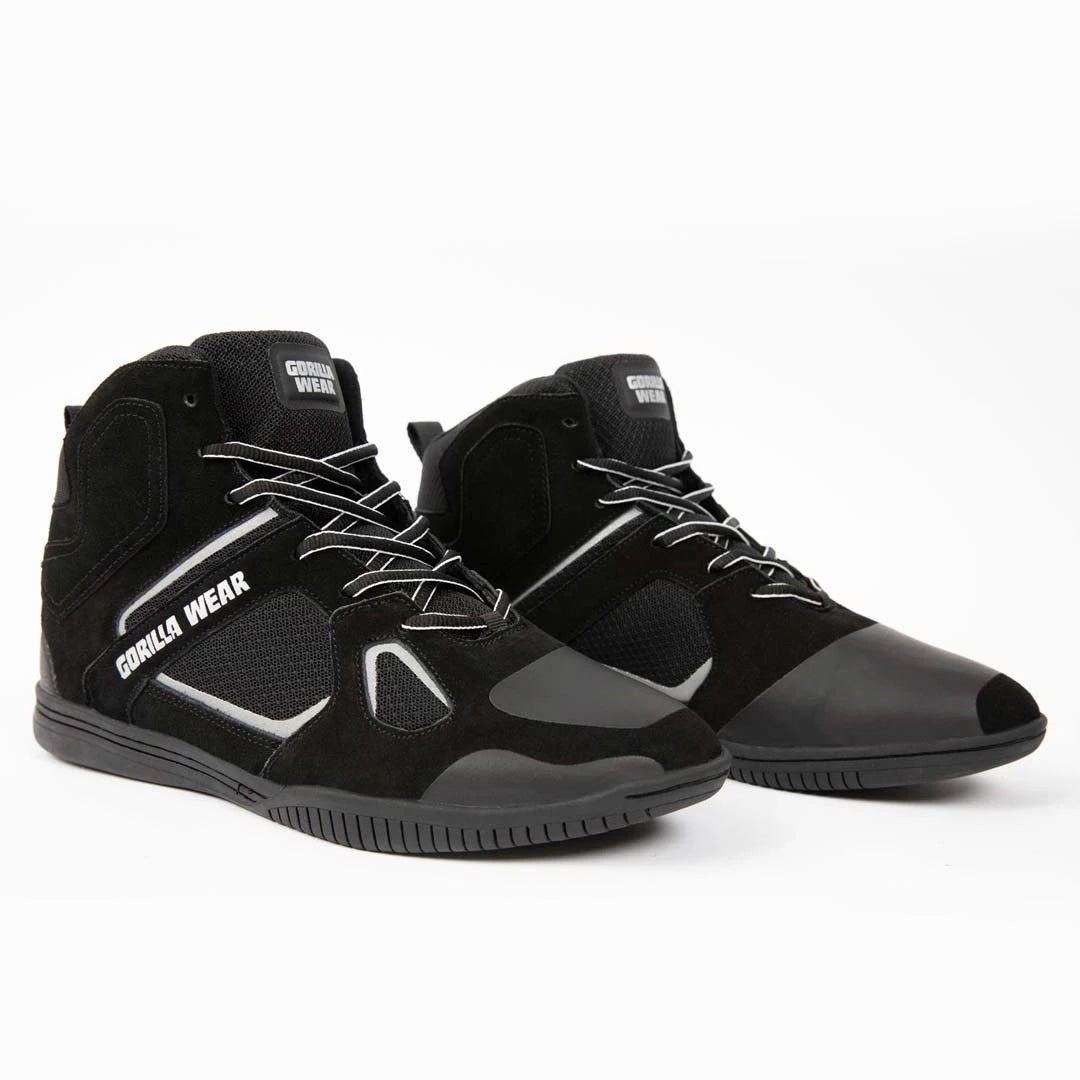 Ett par svarta Gorilla Wear Troy High Tops Black &amp; Grey träningsskor i mocka med högt skaft., bild 8 av 10
