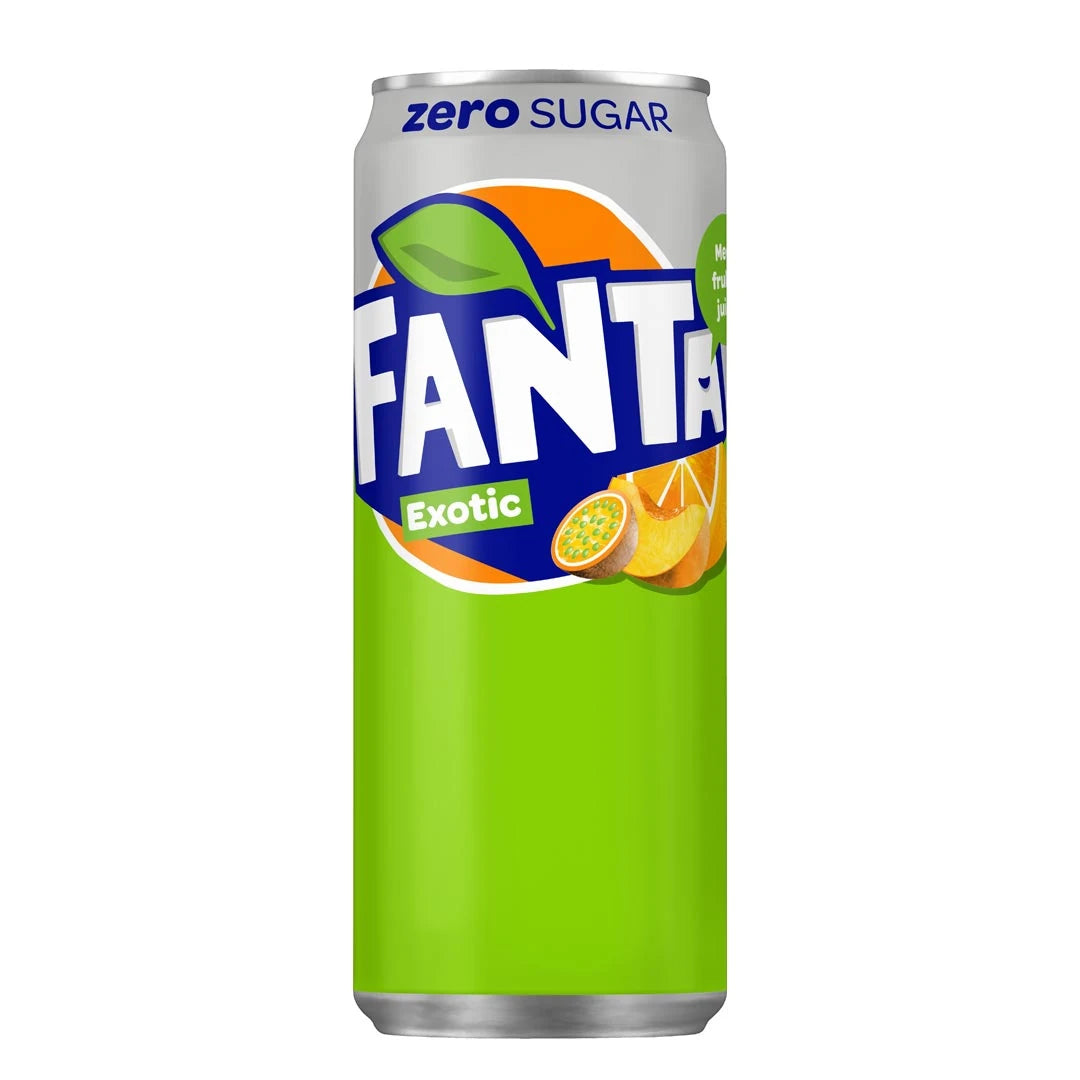 Fanta Zero 330 ml sockerfri läsk i en ljusgrön burk med smaken Exotic., bild 2 av 4