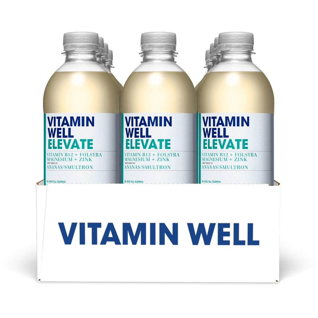 12 x Vitamin Well 500 ml Elevate Ananas Smultron i en vit kartong med transparenta flaskor och vita etiketter., bild 1 av 1