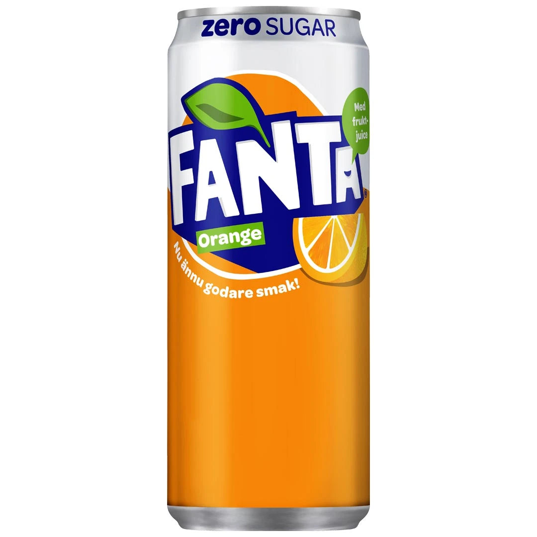 En orange burk med Fanta Zero 330 ml kolsyrad dryck i smaken Orange., bild 1 av 4