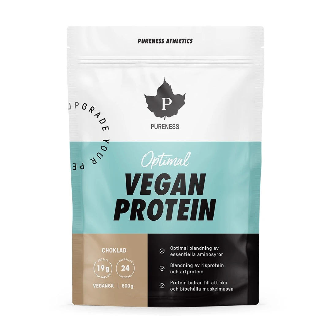 Pureness Vegan Protein 600 g proteinpulver i en vit påse med ljusblå och svarta detaljer och smaken choklad., bild 1 av 1