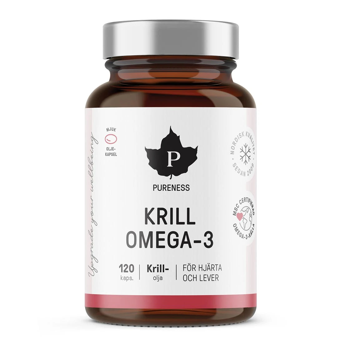 Pureness Krill Omega-3 120 caps kosttillskott i en brun burk med vit etikett och silverfärgat lock., bild 1 av 1