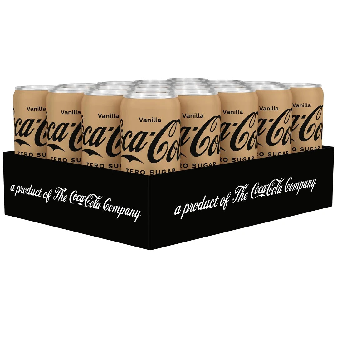 20 x Coca-Cola Zero Vanilla 330 ml i ett svart flak med beigefärgade burkar för sockerfri läsk., bild 1 av 1