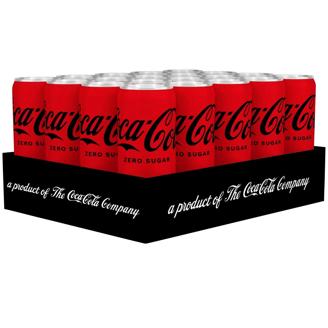 20 x Coca-Cola Zero 330 ml sockerfri läsk i röda burkar med svarta detaljer förpackade i ett svart flak., bild 1 av 1