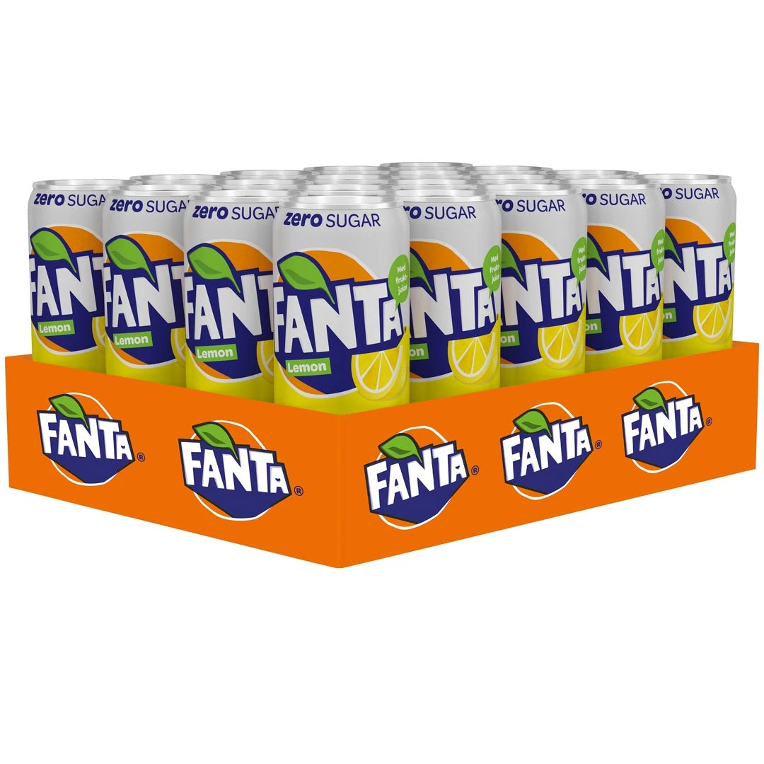 20 x Fanta Lemon Zero 330 ml i ett orange flak med vita och gula burkar med sockerfri citronsmak., bild 1 av 1