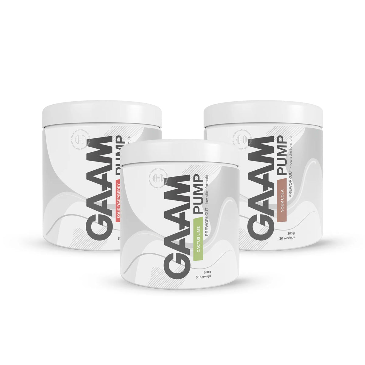 3 x GAAM PUMP 300 g prestationshöjare i tre vita burkar med smakerna Sour Raspberry, Cactus Lime och Sour Cola., bild 1 av 1