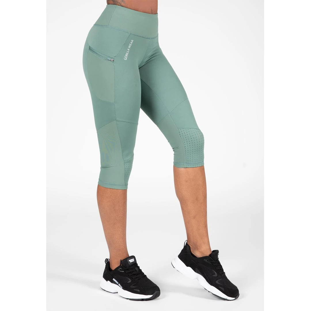 Gorilla Wear Monroe Cropped Leggings Army Green är croppade gröna träningstights med hög midja, sidoficka och mesh., bild 3 av 4