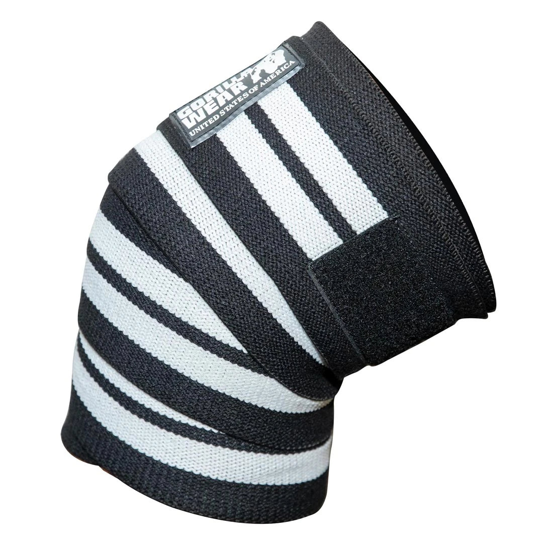 Gorilla Wear Knee Wraps 2 m Black/White är svart- och vitrandiga elastiska knälindor med kardborreband., bild 1 av 1