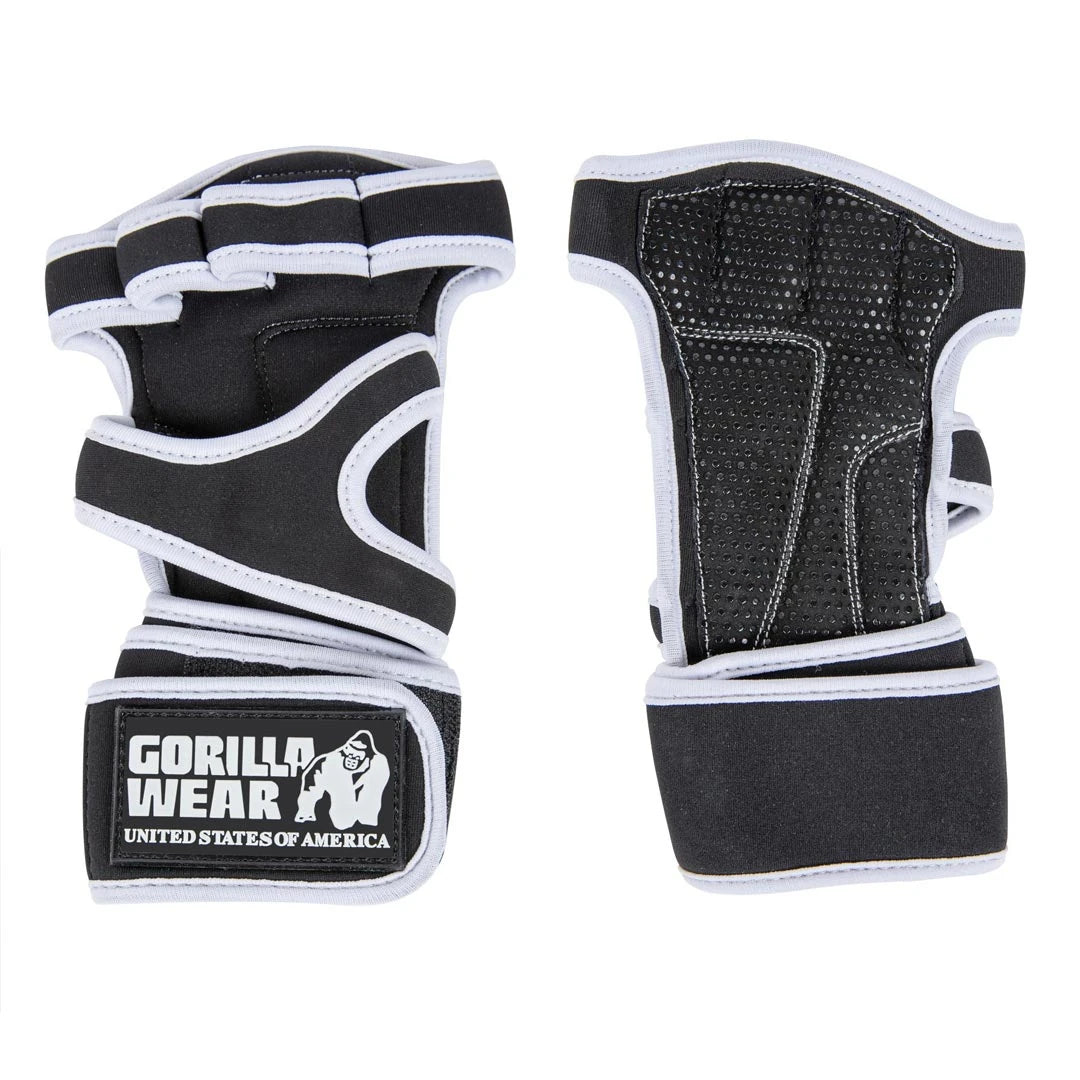 Gorilla Wear Yuma Weightlifting Workout Gloves Black/White är svarta träningshandskar med vita detaljer och handledsstöd., bild 3 av 7