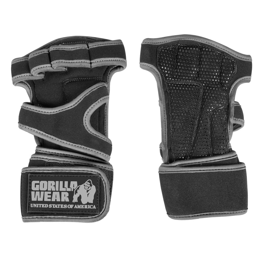 Gorilla Wear Yuma Weightlifting Workout Gloves Black/Grey med justerbart handledsstöd och greppvänlig handflata.
