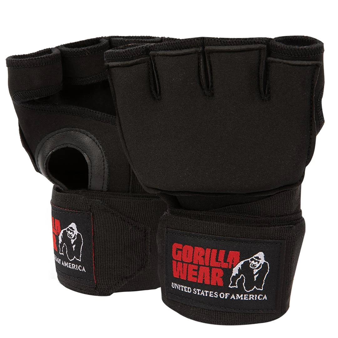 Gorilla Wear Gel Glove Wraps Black, svarta innerhandskar för boxning med öppen design och inbyggt handledsstöd., bild 1 av 3