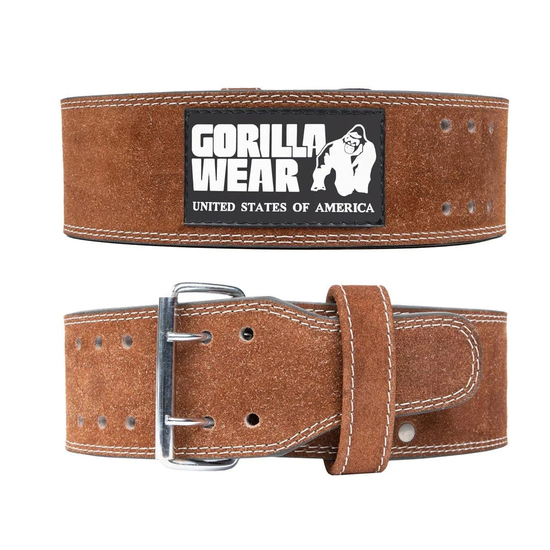 Gorilla Wear 4 Inch Powerlifting Belt Brown, ett robust brunt styrkelyftbälte i läder med dubbelt stålspänne och logga.