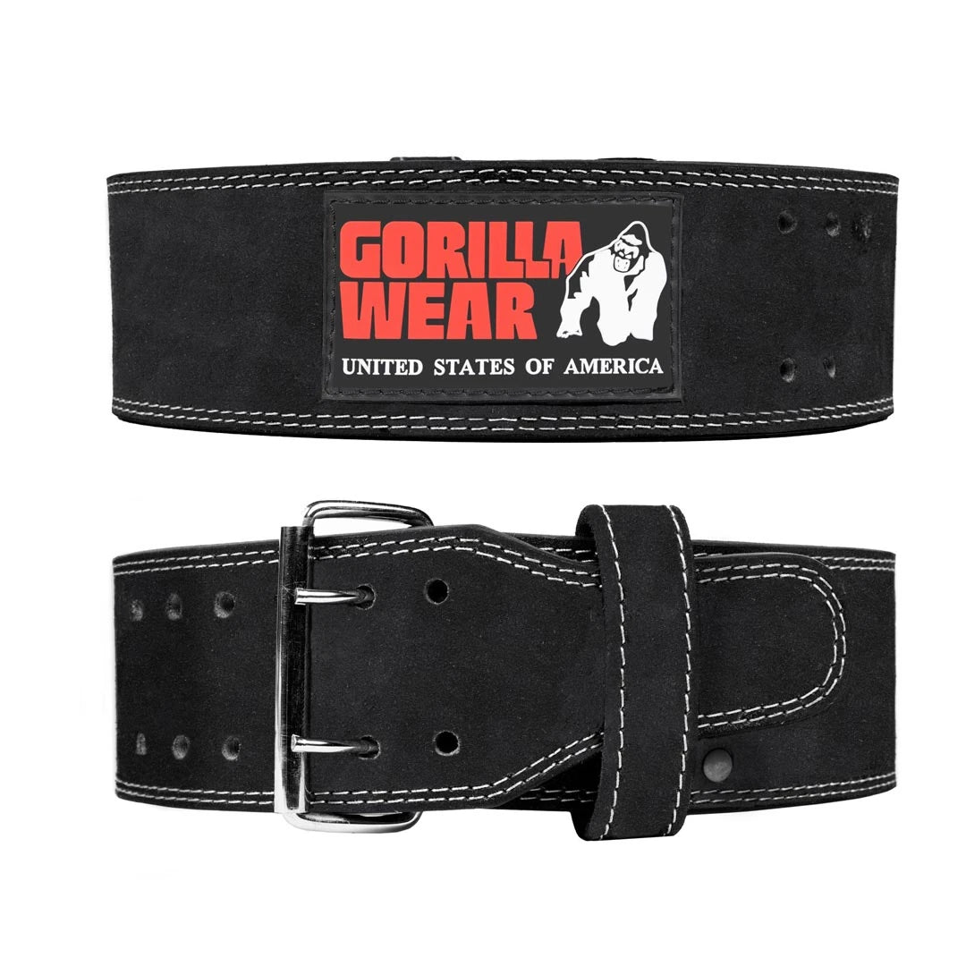 Gorilla Wear 4 Inch Powerlifting Belt Black i svart läder med vit söm, röd logotyp och dubbelt stålspänne., bild 2 av 3